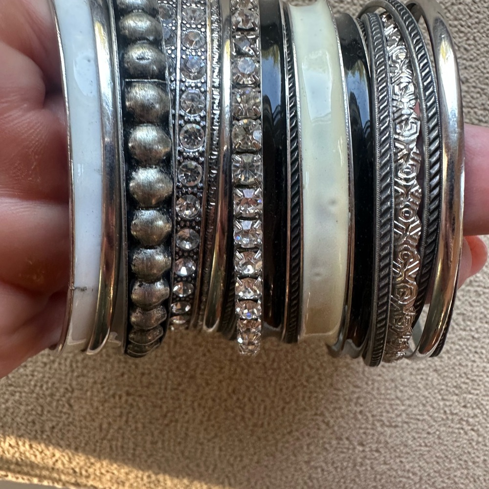 Mixed Silver, Black & White Bangle Bracelet Stack